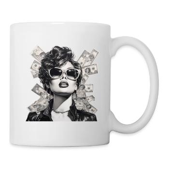Frau mit Sonnenbrille Lederjacke Geld - Tasse - Weiß - Rechts
