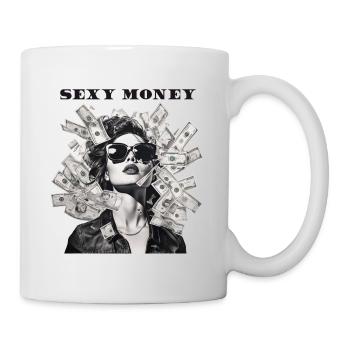 Frau mit Sonnenbrille Lederjacke Geld - Tasse - Weiß - Rechts