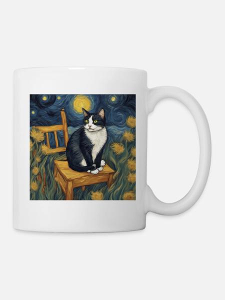 Black and White Cat in Van Gogh's Starry Night - Mug - white