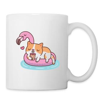 Cute Cat With Boba Tea Chilling On Flamingo Float - Mug - white - Right