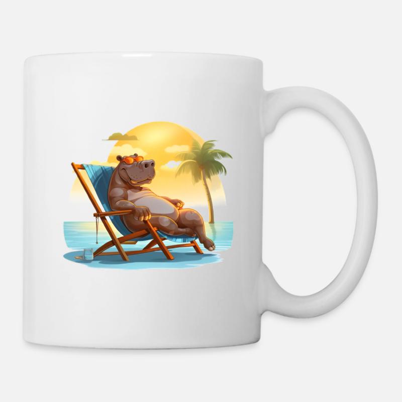 sich im Liegestuhl sonnendes Nilpferd am Strand - Tasse - Weiß
