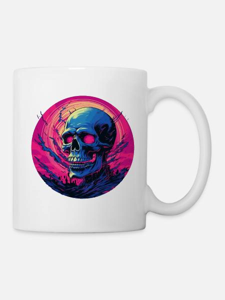 Cyber Skull Synthwave Retro Sunset - Mug - white