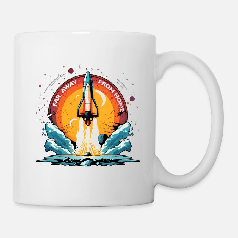 Rakete in den Weltraum. WEIT WEG VON ZU HAUSE - Tasse - Weiß