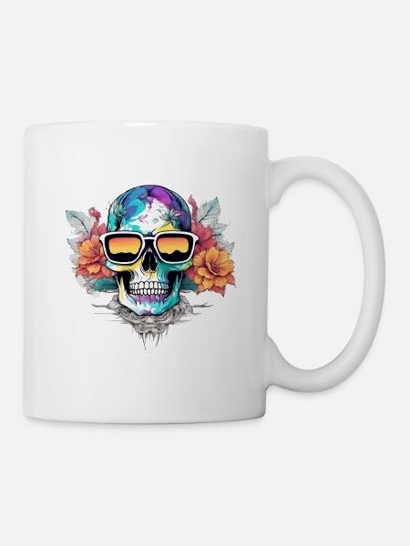 Funky Peace Skull - Skull Sunglasses and Flowers - Mug - white