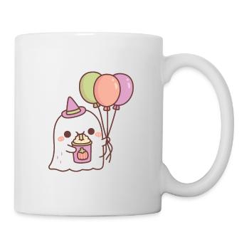 Geist mit Luftballons trinkt Pumpkin Spice Latte - Tasse - Weiß - Rechts