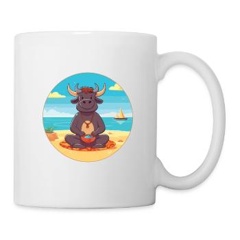 Bull Cartoon Yoga Beach Summer Illustration - Mug - white - Right