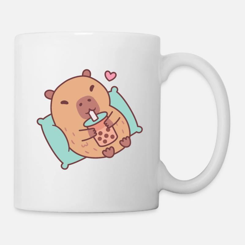 Cute Capybara Chilling And Drinking Bubble Tea - Mug - white