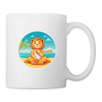 Löwe-Karikatur-Yoga-Strand-Sommer-Illustration - Tasse - Weiß - Rechts