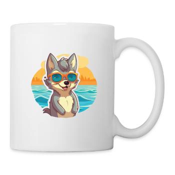 Wolf Funny Cartoon Kawaii Beach Illustration - Mug - white - Right