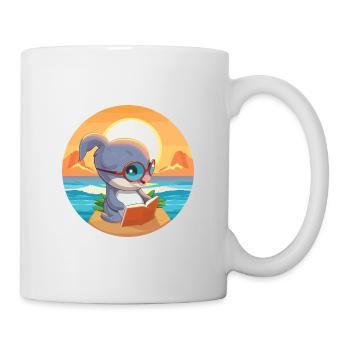 Delfin Niedlich Lustige Karikatur Kawaii Buch Strand - Tasse - Weiß - Rechts