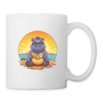 Nilpferd Niedliche Lustige Karikatur Kawaii Buch Strand - Tasse - Weiß - Rechts