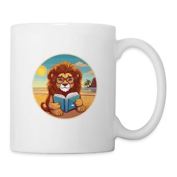Lion Cute Funny Cartoon Kawaii Book Beach - Mug - white - Right
