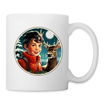 Junge neben Hirsch im verschneiten Wald - Tasse - Weiß - Rechts