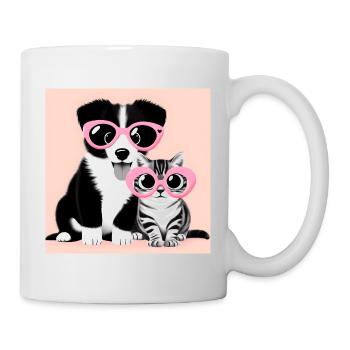 cat and dog in pink glasses - Mug - white - Right