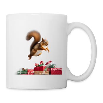 Eichhörnchen springt über Geschenke - Tasse - Weiß - Rechts