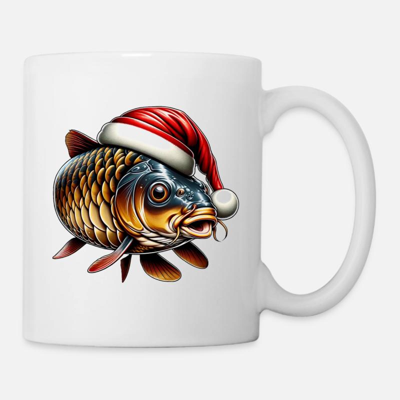 Festlicher Karpfen mit Weihnachtsmütze - Tasse - Weiß