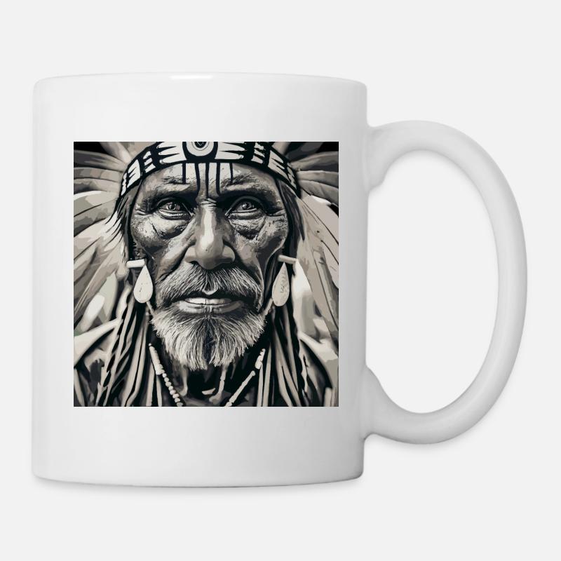 alter Mann mit Federschmuck - Tasse - Weiß