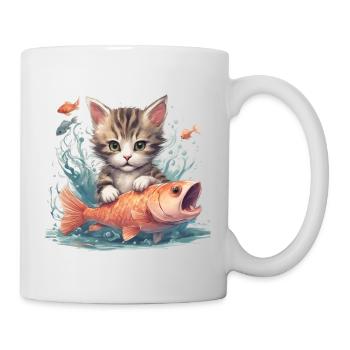 Baby Katze mit Fisch - Tasse - Weiß - Rechts