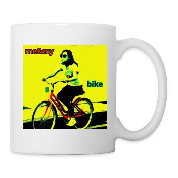 Woman riding bicycle - black and yellow background - Mug - white - Right