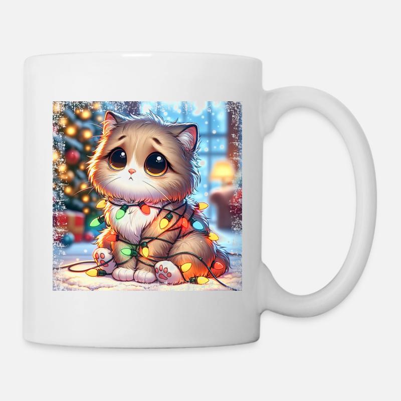 Süße Weihnachtskatze - Lichterketten-Chaos im - Tasse - Weiß