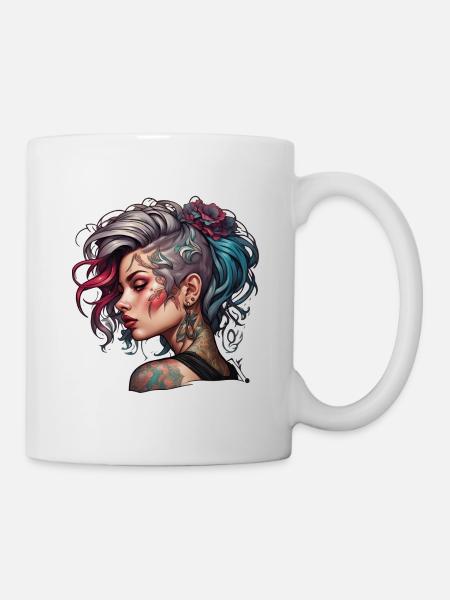 Rocker Girl / Punk Rock / Femme / Cheveux colorés / Cool - Mug blanc - blanc