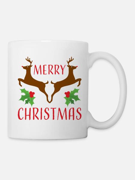 Merry Christmas Reindeer and Holly - Mug - white