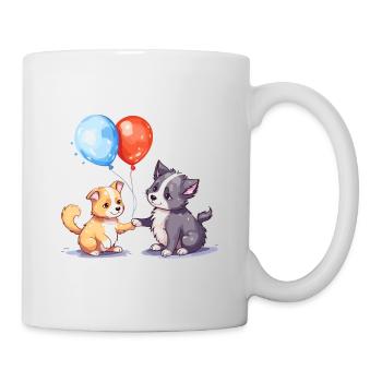 Dessin animé kawaii de chat et de chien jouant avec des ballons - Mug blanc - blanc - Droite