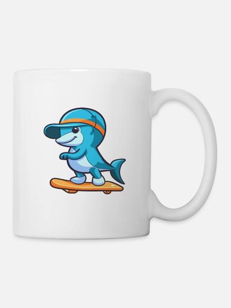 Drôle Dauphin Kawaii Cartoon Jouer Skateboard - Mug blanc - blanc