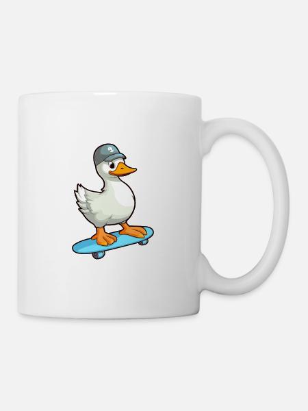 Drôle d’oie kawaii dessin animé animal de compagnie jouant à la planche à roulettes - Mug blanc - blanc