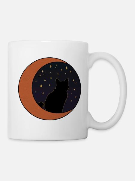 Chat noir et croissant de lune en or rose - Mug blanc - blanc