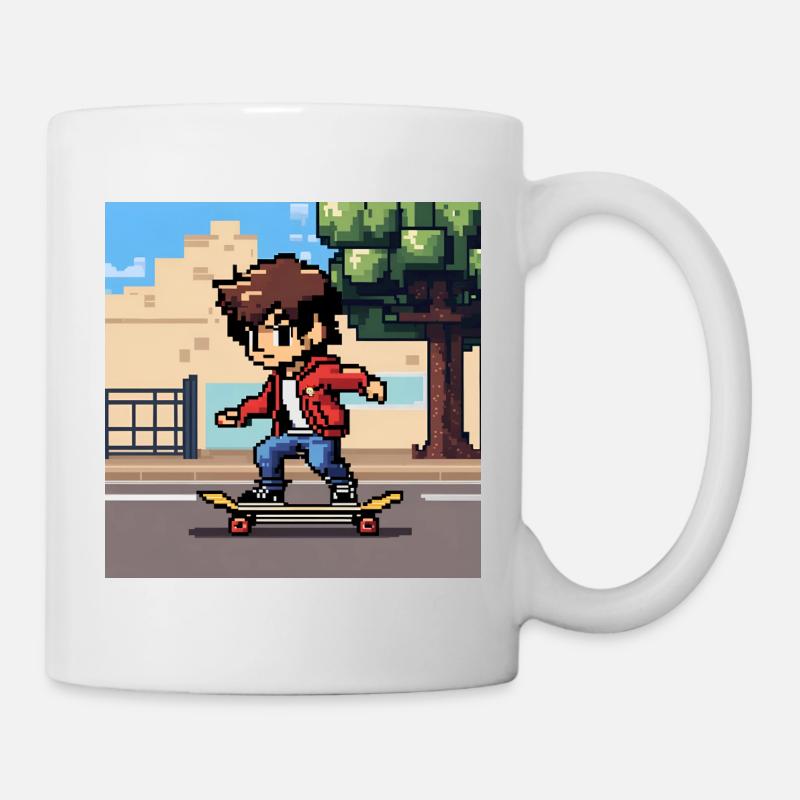 Un jeune faisant du skateboard en pixel art - Mug blanc - blanc