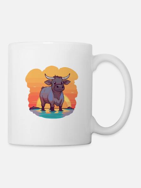 Stier, lustige Cartoon-Kawaii-Strand-Illustration - Tasse - Weiß