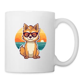 Wolf Funny Cartoon Kawaii Beach Illustration - Mug - white - Right