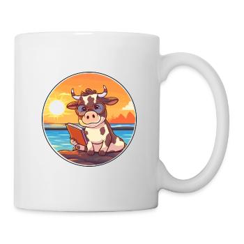 Cow Cute Funny Cartoon Kawaii Book Beach - Mug - white - Right