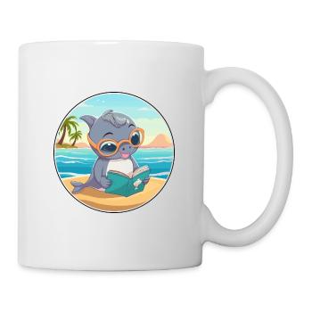 Delfin Niedlich Lustige Karikatur Kawaii Buch Strand - Tasse - Weiß - Rechts
