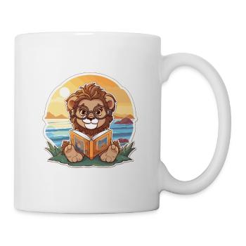 Lion Cute Funny Cartoon Kawaii Book Beach - Mug - white - Right