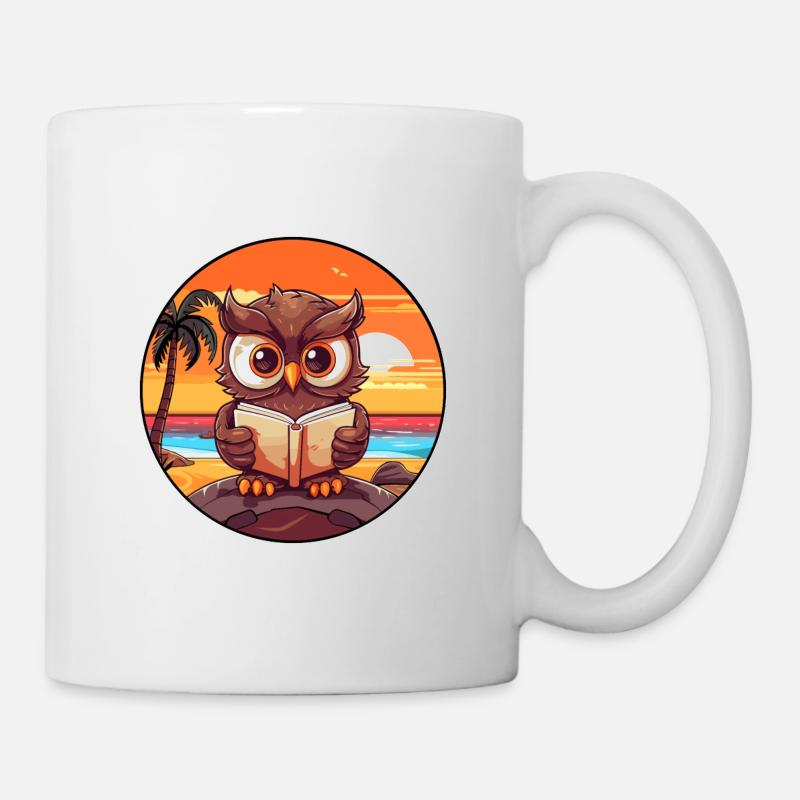 Owl Cute Funny Cartoon Kawaii Book Beach - Mug - white
