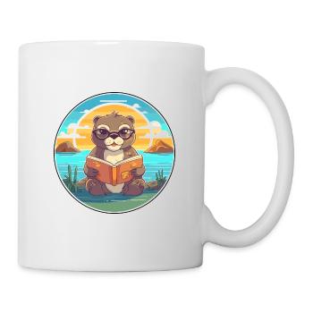 Otter Niedliche Lustige Karikatur Kawaii Buch Strand - Tasse - Weiß - Rechts