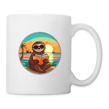 Faultier, niedlich, lustig, Cartoon, Kawaii, Buch, Strand - Tasse - Weiß - Rechts