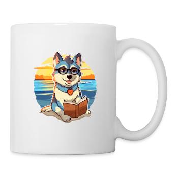 Husky Chien Mignon Drôle Dessin Animé Kawaii Livre Plage - Mug blanc - blanc - Droite
