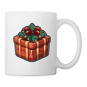Geschenk in rot mit gelber Schleife, grüner Deko - Tasse - Weiß - Rechts