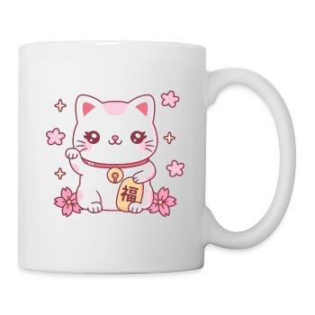 Cute Maneki Neko Japan Good Luck Cat And Flowers - Mug - white - Right