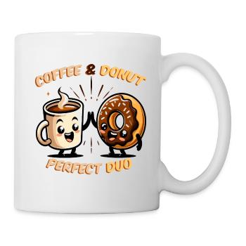 Ein dampfender Kaffee und ein Schokoladen-Donut, ein perfektes Duo - Tasse - Weiß - Rechts