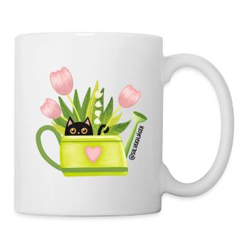 Spring Frühling Schwarze Katze mit Blumen - Tasse - Weiß - Rechts