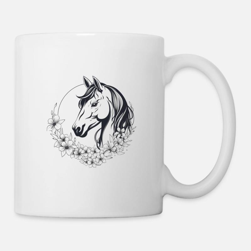 Cheval d’art au trait avec vigne florale - Mug blanc - blanc