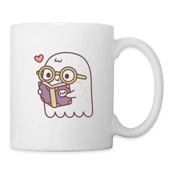 Cute Ghost Reading A Book With A Skull - Mug - white - Right