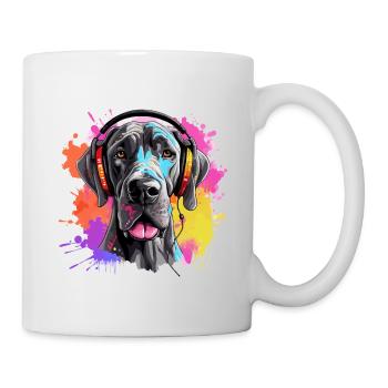 Bunte Deutsche Dogge mit Kopfhörer - Tasse - Weiß - Rechts