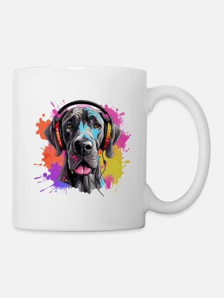 Bunte Deutsche Dogge mit Kopfhörer - Tasse - Weiß