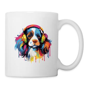 Bunter King Charles Spaniel mit Kopfhörer - Tasse - Weiß - Rechts