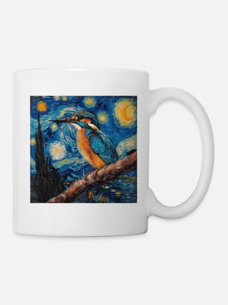 eisvogel, vogel, van gogh, sternennacht - Tasse - Weiß